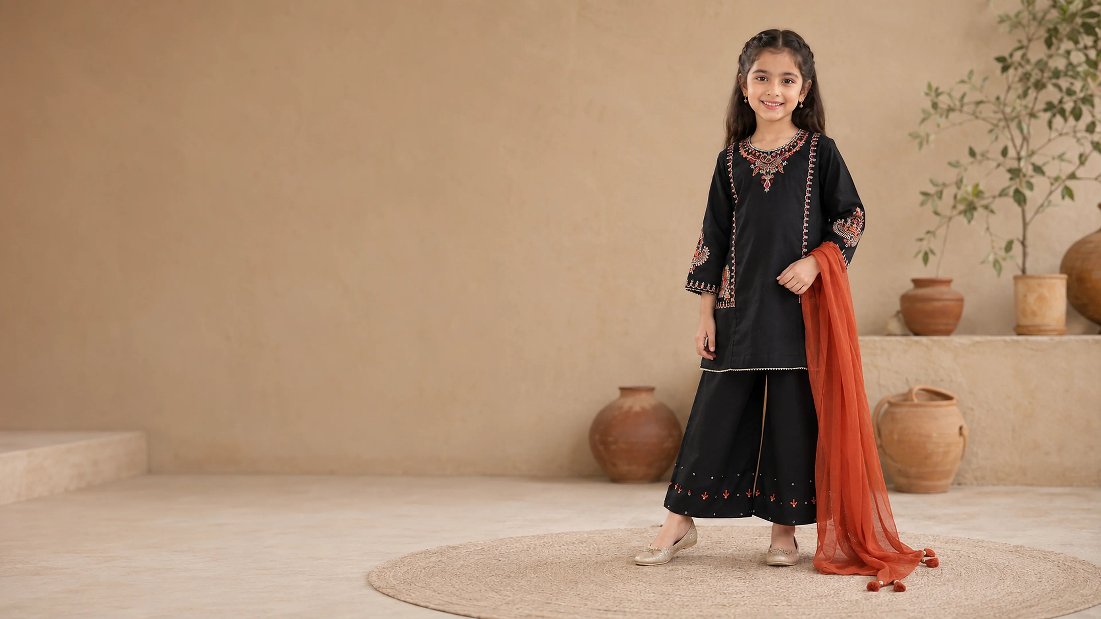 A little girl wearing a Haqeeq onyx black embroidered three-piece set