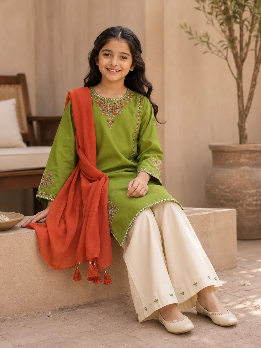 A little girl seated in a Haqeeq mehndi-green embroidered kurti with rust dupatta